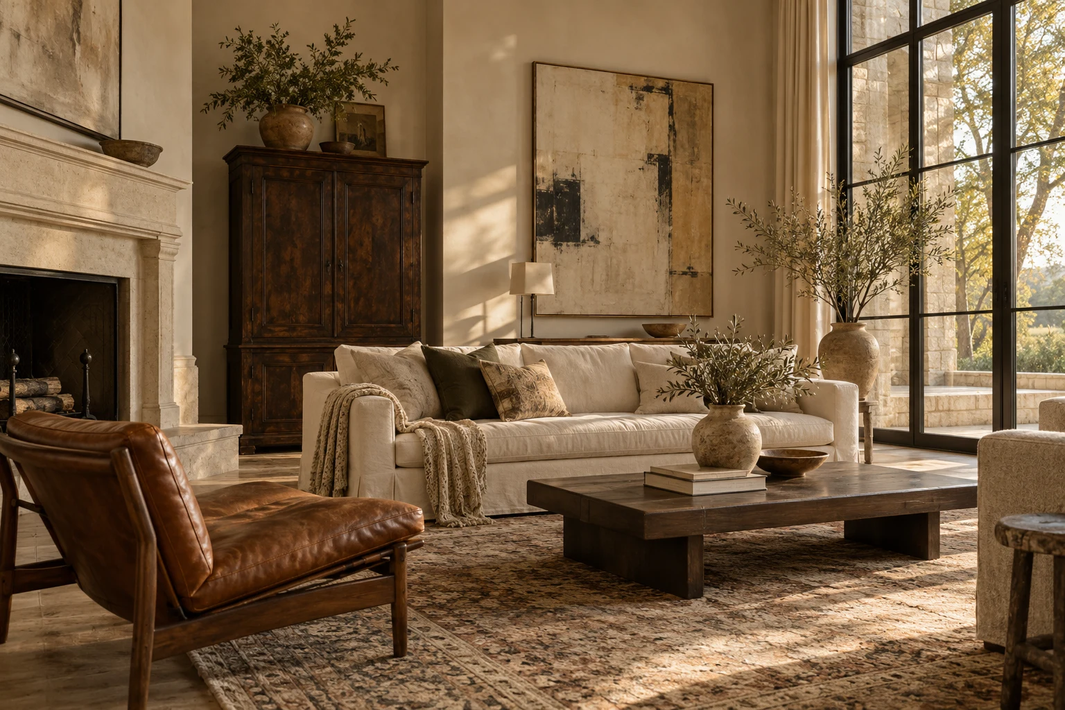 A warm, light-filled living room with a linen sofa, leather chair, natural wood, and a limestone fireplace