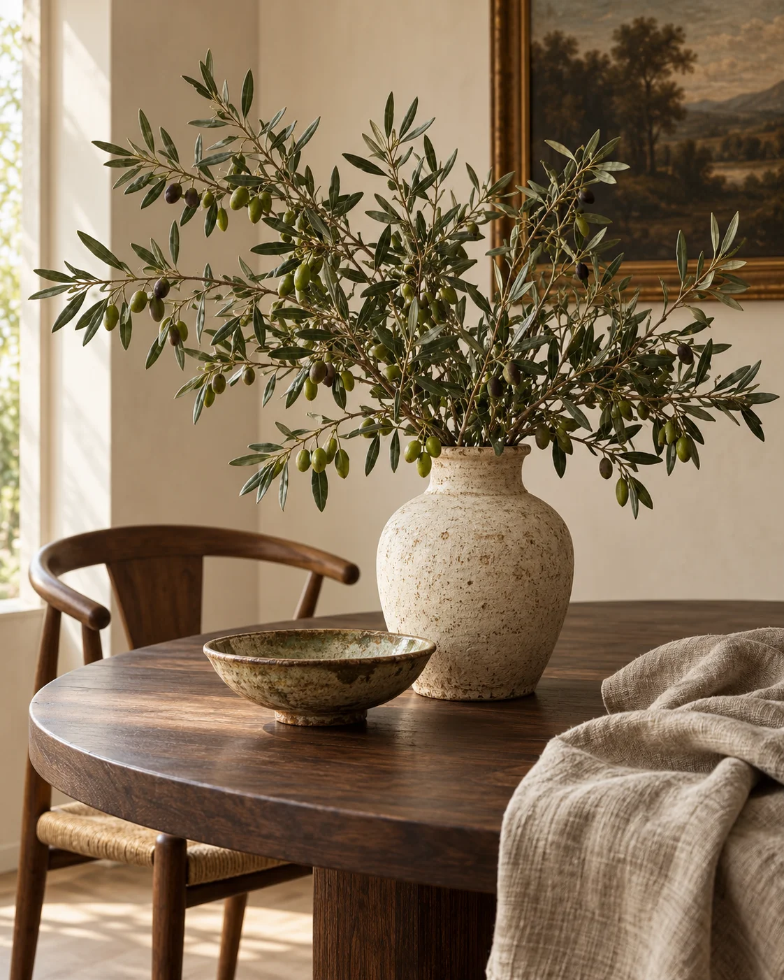 Olive branches, a ceramic vessel, and linen on a wooden table
